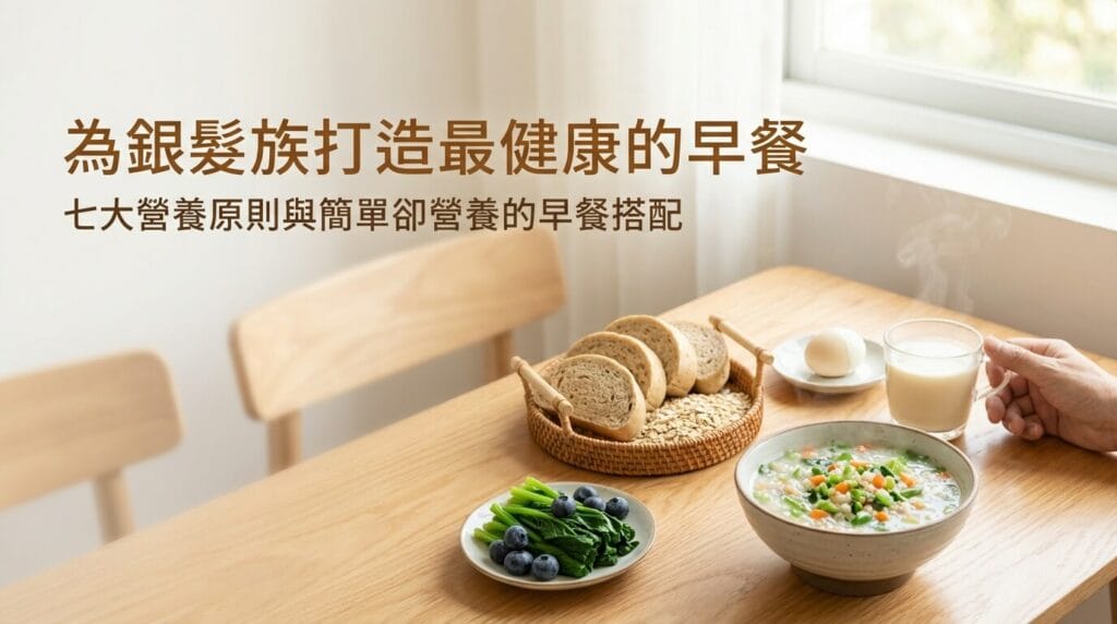 銀髮族健康早餐示意圖，包含營養粥、蛋、豆漿、全穀與蔬菜水果，展現簡單又均衡的早餐選擇