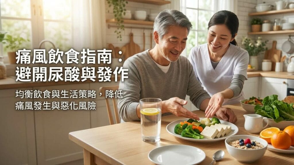 痛風飲食指南與生活策略示意圖，健康低普林飲食料理與清水，強調均衡飲食與降低痛風發作風險